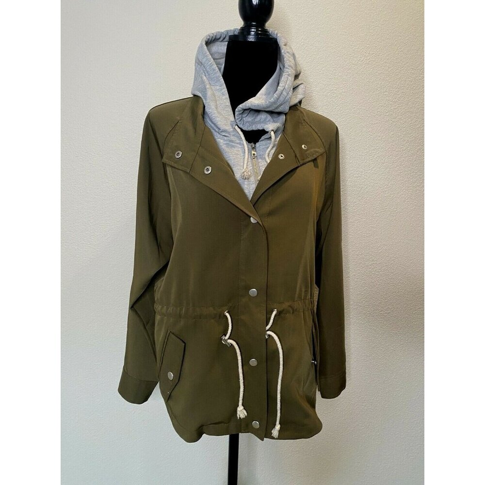 Hyfve small hoodie jacket olive green zip down front toggle waist draw string